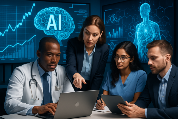 AI-driven health tech innovation in a modern workspace