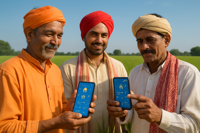Indian farmers accessing AI weather forecasts on smartphones