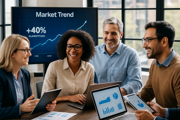 Business team collaborating on AI adoption strategies