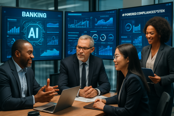 Banking professionals utilizing AI in compliance systems