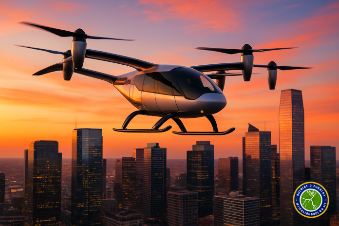 Electric air taxi above a futuristic city skyline during sunset.
