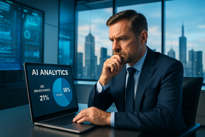 Executive examining AI adoption statistics in modern office setting.