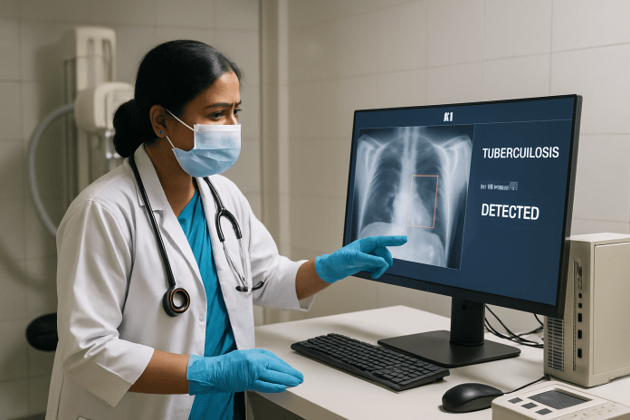 Healthcare worker using AI for TB diagnosis in India.