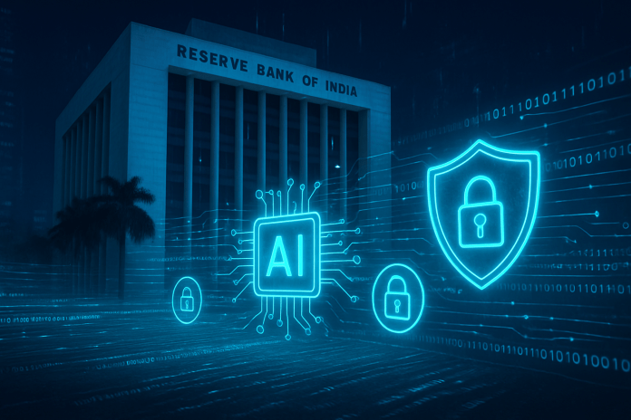 RBI headquarters with AI-themed digital security elements