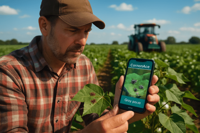 Farmer using CottonAce app in cotton field